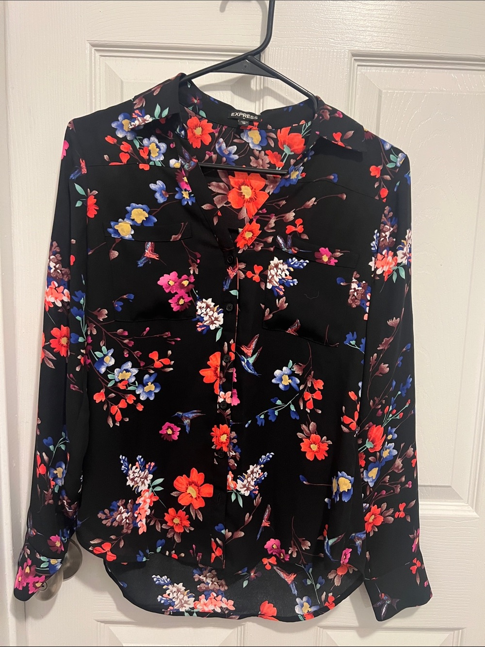 Express Black Floral Button-Front Blouse with Red & Blue Accents